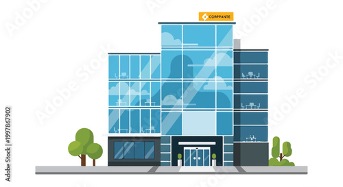 Tableau sur toile A modern office building with blue windows and a yellow sign