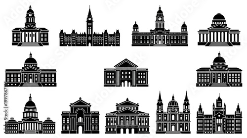 Architectural vector icon set featuring iconic government and capitol building silhouettes, representing diverse official state and federal institutions and landmarks