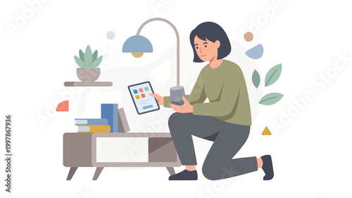 Woman controlling smart home automation with smartphone in living room