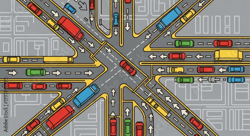 Busy city intersection with heavy traffic congestion illustration.