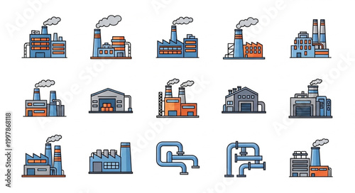 Collection of Industrial Factory Buildings with Smoke Stacks.