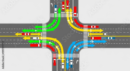 Busy Four Way Traffic Intersection with Cars and Arrows.
