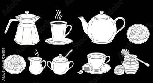 Collection of hot beverages and snacks in white line art.
