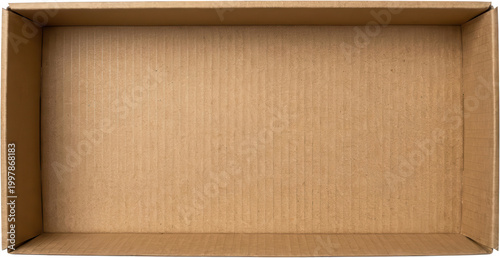 Overhead view of an empty rectangular brown corrugated cardboard box with ribbed interior walls and open top container packaging shipping storage delivery cube parcel carton