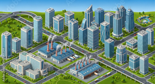 Modern Cityscape with Skyscrapers and Industrial Buildings.