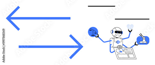 Artificial intelligence, automation, robotics, data exchange, technology integration, workflow optimization. A robot performing tasks using charts and tools. Artificial intelligence and automation