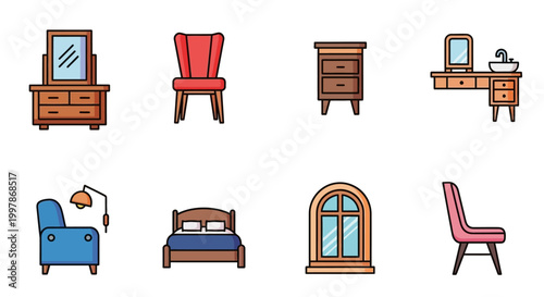 Colorful illustrations of various furniture pieces.