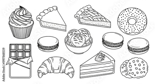 Collection of delicious baked goods and desserts in sketch style.