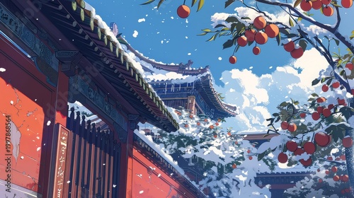 Red wall with snow falling, traditional Chinese architecture in cartoon style, persimmon trees in the foreground, blue sky and white clouds, peaceful atmosphere with vibrant colors and ink wash effect