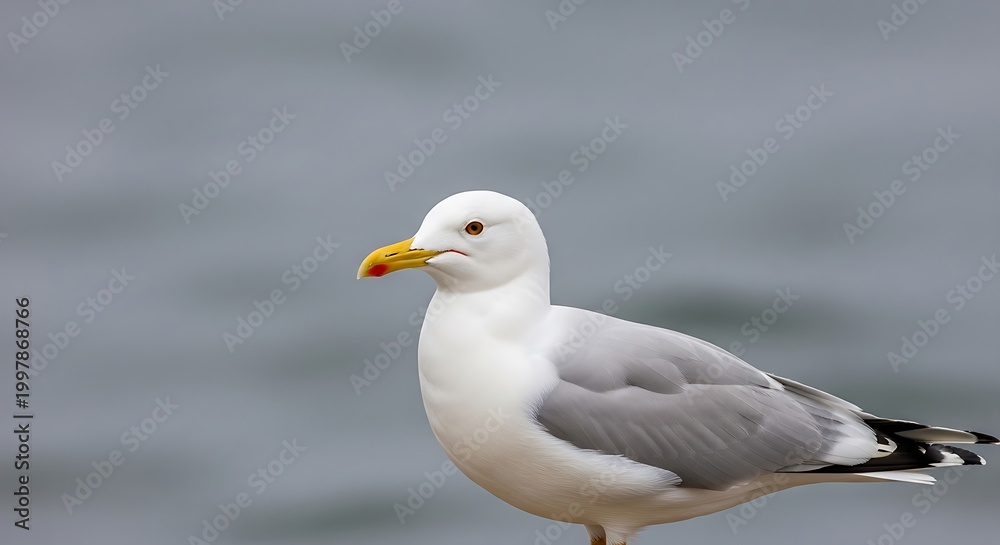 Fototapeta premium Seagull standing profile on cloudy background with detailed feather patterns