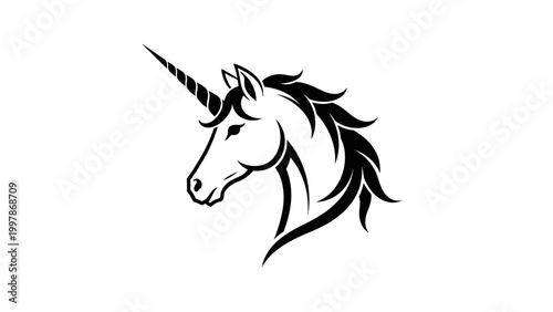 Black and white unicorn head illustration.
