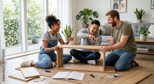 Diverse friends laughing while assembling wooden furniture.