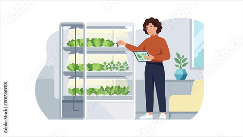 Woman monitoring indoor vertical hydroponic garden with digital tablet