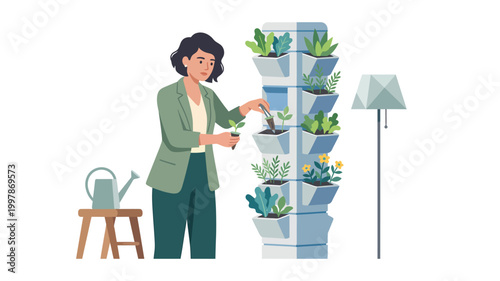 Woman planting sprouts in vertical garden tower for indoor urban farming