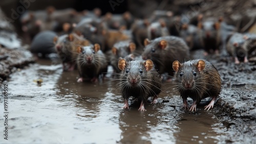 Curious Congregation of Rats: A gathering of inquisitive rats huddled together in a wet, muddy environment, their beady eyes focused forward, presenting an intriguing and slightly unnerving scene.