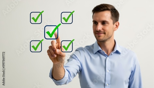 Checklist Achieved: A focused professional selects a completed task from a virtual checklist, indicating achievement and progress toward goals.