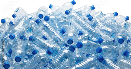 A large pile of empty clear plastic water bottles with blue caps symbolizing waste and recycling on a white surface plastic bottles empty bottles plastic waste pollution clutter