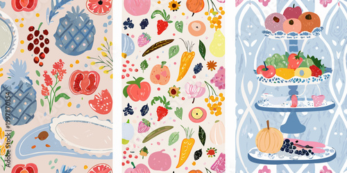 Floral fruit and vegetable pattern vibrant watercolor illustration