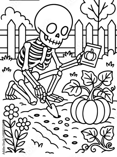 Halloween Gardener: A skeletal figure plants pumpkin seeds in a garden, with a shovel, readying for the harvest season.