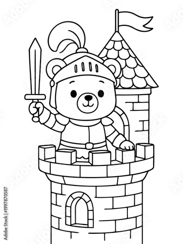 Brave Knight Bear in Tower: A courageous bear in shining armor, brandishing a sword, stands guard atop a medieval tower, ready to defend its kingdom. 
