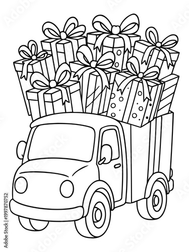Gift Delivery: An illustration showcasing a charming delivery truck overflowing with an assortment of meticulously wrapped gifts, creating a sense of anticipation and the spirit of giving.