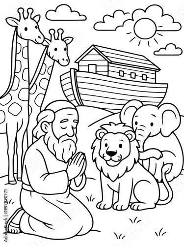 Noah's Ark: A tranquil portrayal of Noah and various animals, set against the backdrop of the ark, symbolizing the biblical narrative of salvation and sanctuary.