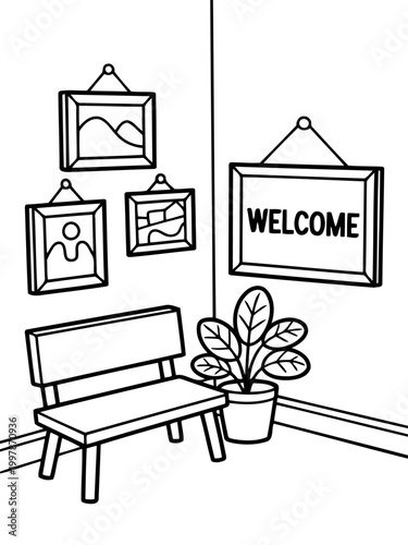 Inviting Corner Interior: A minimalist line drawing captures a welcoming interior corner. Features a bench, framed art, potted plant, and a WELCOME sign, suggesting a space for pause and reflection.