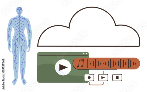 Healthcare, neuroscience, technology, cloud storage, digital media, education. ion of human nervous system alongside a cloud, media player and audio waveform. Healthcare and neuroscience