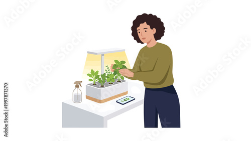 Woman tending to indoor smart hydroponic herb garden at home