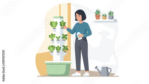 Woman tending to a vertical hydroponic garden in a modern home