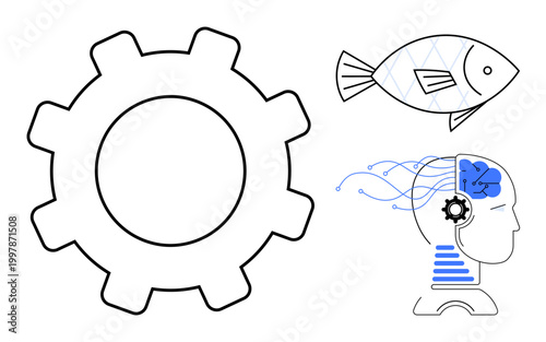 Technology, innovation, sustainability, artificial intelligence, engineering, and creativity. Gear, fish and head with technological elements. Technology and innovation concept