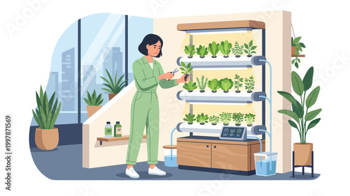 Woman tending to plants in modern indoor vertical hydroponic garden