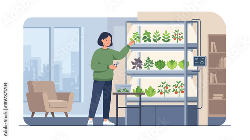 Woman tending to indoor vertical garden in modern city apartment illustration