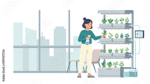 Woman tending to vertical hydroponic indoor garden in modern urban apartment