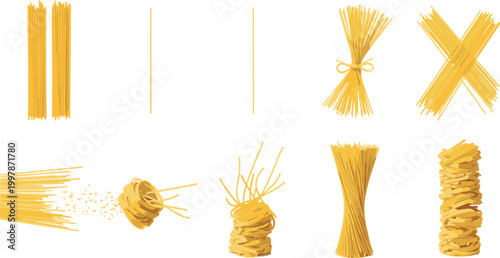 Pasta types collection set with spaghetti bundles and nests, Italian food ingredients vector illustration isolated on white background