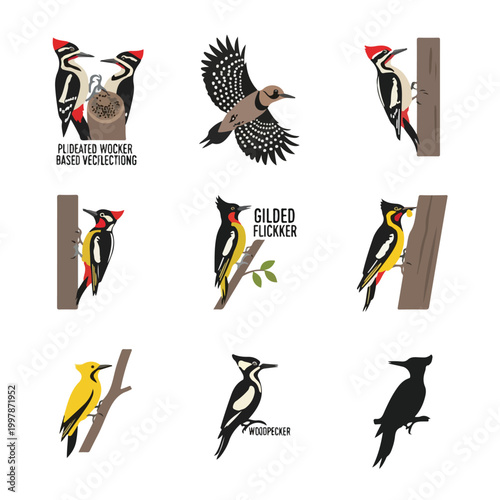 Collection of woodpecker vector illustrations including pileated woodpecker and flicker species, shown perched on tree trunks, in flight, and as silhouettes on a white background.