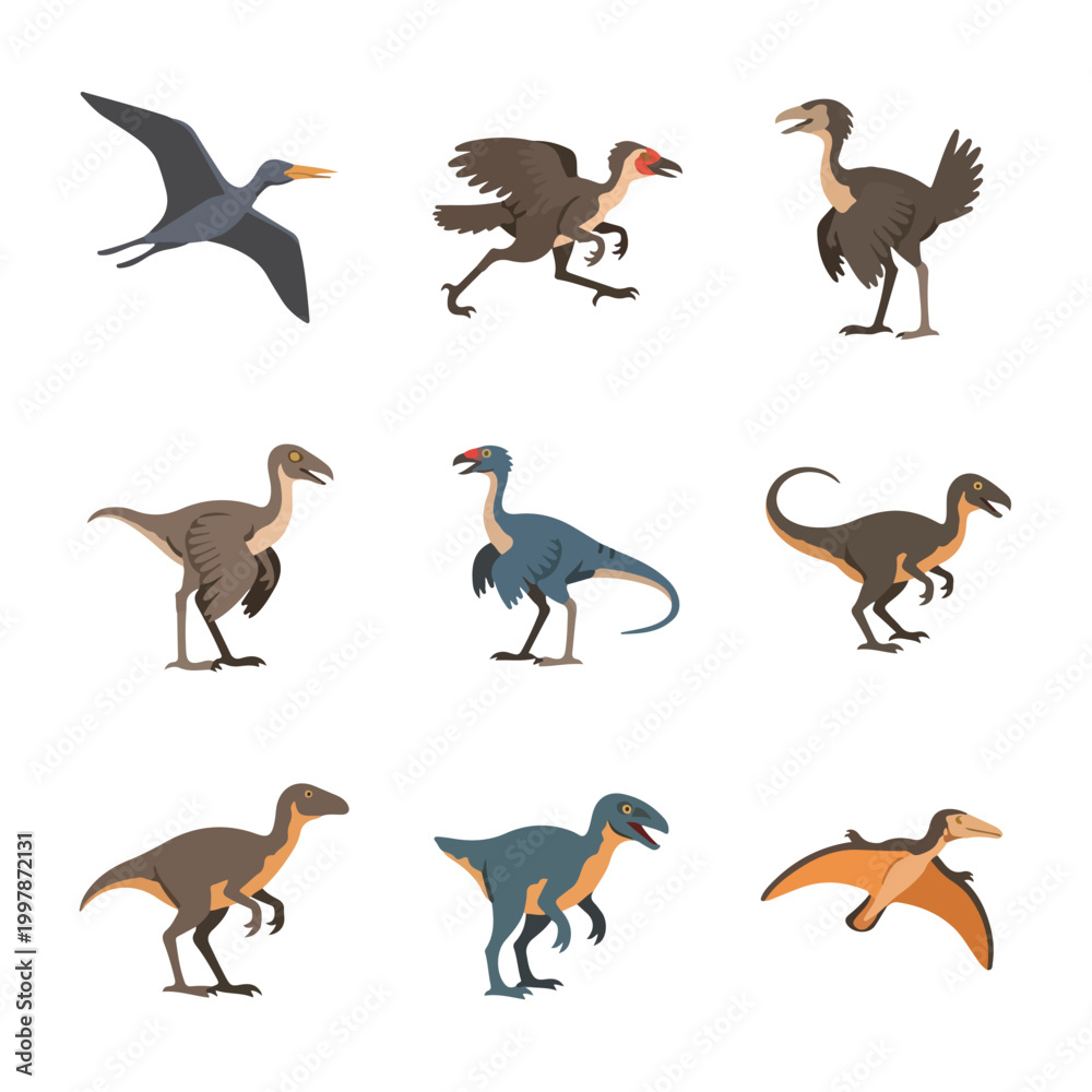 Fototapeta premium Set of nine flat vector illustrations depicting prehistoric feathered dinosaurs, proto-birds, and flying pterosaurs including winged reptiles and bipedal theropods on white background.