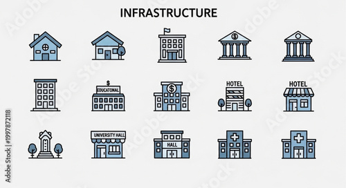 Collection of diverse building icons representing infrastructure development.
