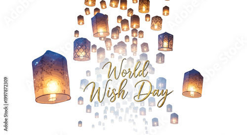 Floating paper lanterns fill the scene around "World Wish Day" text in a vector illustration evoking dreams come true, set against a bright white background with a magical, hopeful mood