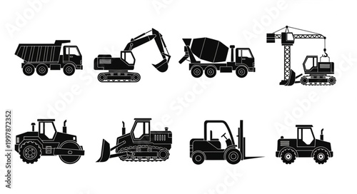 Collection of construction vehicles and heavy machinery silhouettes.