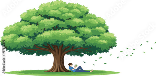 Man reading book under large green tree vector illustration for literacy education and mental wellness lifestyle design.