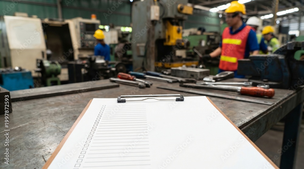 Fototapeta premium Clipboard with checklist and tools on a workbench in a manufacturing facility