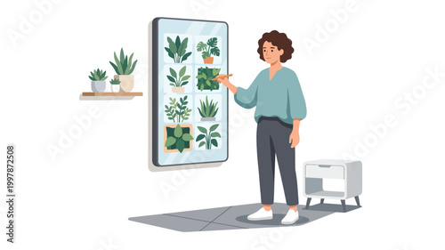 Woman using interactive digital screen to choose indoor plants in modern home
