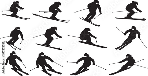 Winter Ski Silhouette Set with Dynamic Skier Action Poses Vector