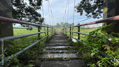 Rustic Suspension Bridge Over Water with Wooden Structure and Scenic Natural Landscape View