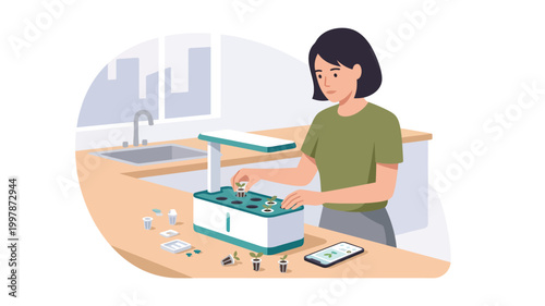 Woman using smart indoor hydroponic garden kit in a modern kitchen