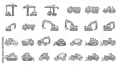 Collection of Hand Drawn Construction Vehicles and Equipment.