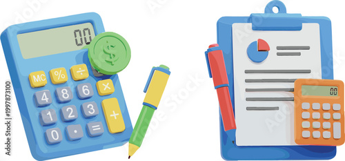 Finance tools vector illustration set with calculator, clipboard, pen and coin, business accounting concept, office equipment for budgeting and financial analysis isolated background