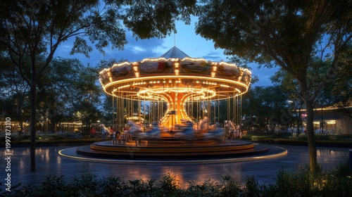 Illuminated carousel at night in park with blurred background