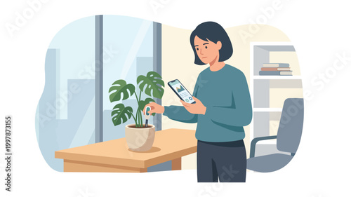 Woman using smartphone app to check plant health in modern office
